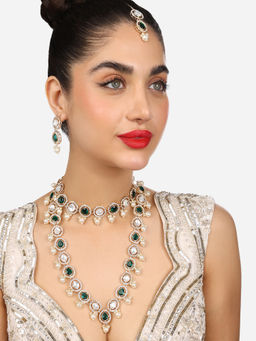 Zaveri Pearls - Green Stones Layered Bridal Necklace Earring Maangtikka Set