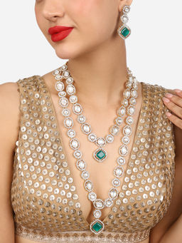 Zaveri Pearls - Green Stones Diamonds Layered Bridal Necklace Earring Set