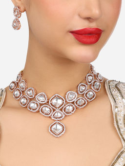 Zaveri Pearls - White Rose Gold Austrian Diamonds Choker Necklace & Earring Set