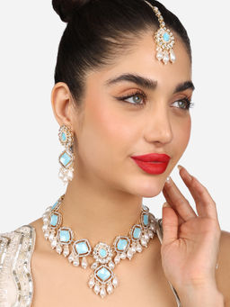 Zaveri Pearls - Turquoise Blue Beads Drop Necklace Earring Maangtikka Set