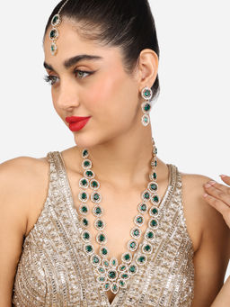Zaveri Pearls - Green Flower Center Piece Necklace Earring Maangtikka Set