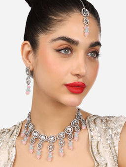 Zaveri Pearls - Turquoise Blue Pink Beads Necklace Earring Maangtikka Set