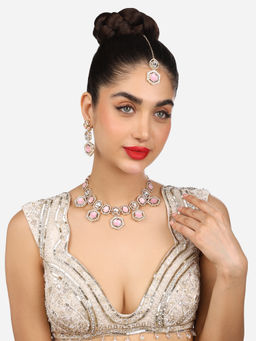 Zaveri Pearls - Pink Stones Austrian Diamonds Necklace Earring Maangtikka Set