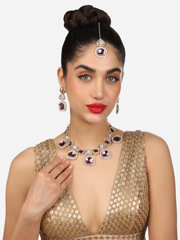 Zaveri Pearls - Purple Austrian Diamonds Necklace Earring Maangtikka Set