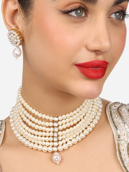 Zaveri Pearls - White Gold Tone Multistrand Contemporary Necklace Earring Set