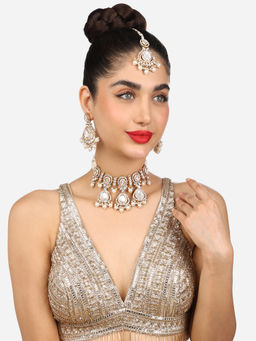 Zaveri Pearls - White Gold Tone Stones Multistrand Necklace Earring Maangtikka Set