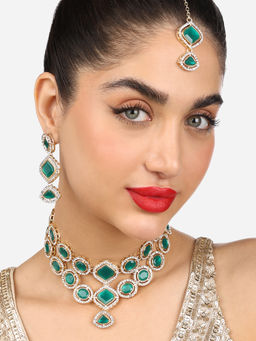 Zaveri Pearls - Green Stones Diamonds Choker Necklace Earring Maangtikka Set