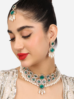 Zaveri Pearls - Green Stones Bead Drop Choker Necklace Earring Maangtikka Set