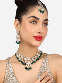 Zaveri Pearls - Green Bead Stones Choker Necklace Earring Maangtikka Ring Set