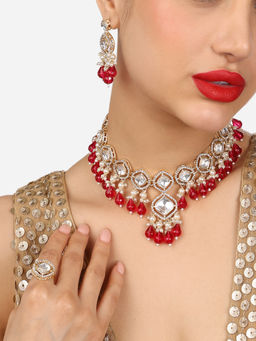 Zaveri Pearls - Pink Bead Dazzling Stones Choker Necklace Earring & Ring Set