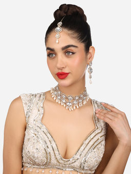 Zaveri Pearls - White Gold Tone Bead Drops Choker Necklace Earring & Maangtikka Set