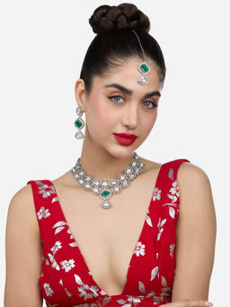 Zaveri Pearls - Green Stones Choker Necklace Earring Maangtikka Set