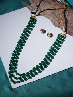 Ruby Raang Studio - Long Layered Green Neckpiece with Kundan Studs