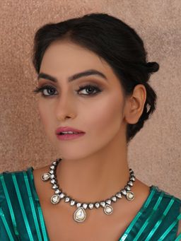 Ruby Raang Studio - Tear Drop Dual Tone Kundan Neckpiece with Diamond Detailing