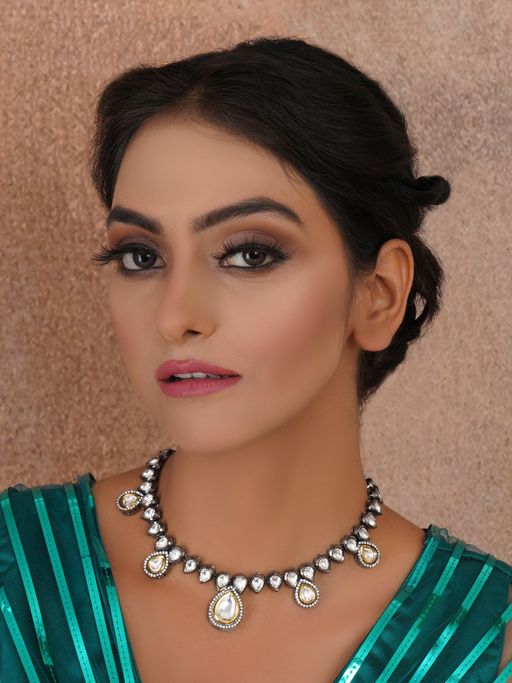Ruby Raang Studio Tear Drop Dual Tone Kundan Neckpiece with Diamond Detailing