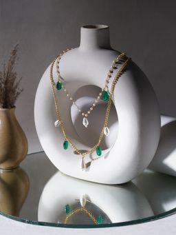 Ruby Raang Studio - Layered Pearl and Gold Neckpiece with Emeralds