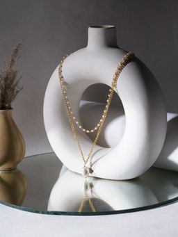 Ruby Raang Studio - Layered White Pearl and Gold Neckpiece with Emeralds