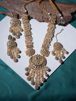 Ruby Raang Studio - Long Kundan Neckpiece with Earrings and Maang Tikka with Multi Stones