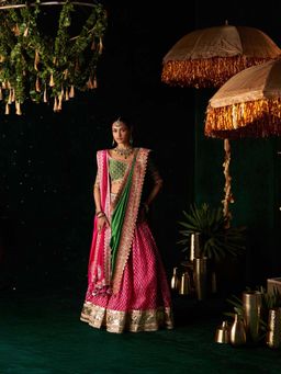 Almaari By Pooja - Grand Green Gold Organza Stitched Blouse with Lehenga and Dupatta