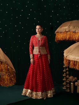 Almaari By Pooja - Red Organza Jacquard Jacket with Lehenga and Stitched Blouse