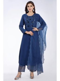 Asaga - Neel Navy Blue Embroidered Chanderi Kurta with Pants and Organza Dupatta (Set of 3)