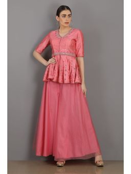 Asaga - Candy Pink Embroidered Silk Peplum Top with Organza Sharara (Set of 2)