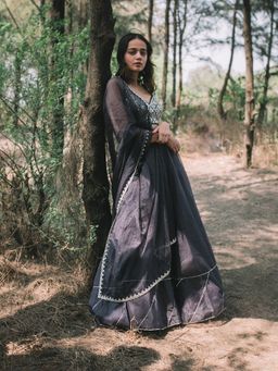 Asaga - Inkwell Embroidered Stitched Blouse- Lehenga with Organza Dupatta (Set of 3)