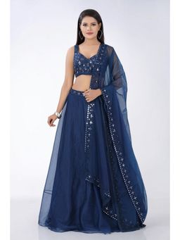 Asaga - Navy Blue Embroidered Stitched Blouse- Lehenga with Organza Dupatta (Set of 3)