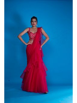 Asaga - Rani Embroidered Silk Stitched Blouse with Pre Draped Saree with Belt (Set of 4)