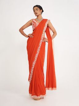 Asaga - Zoe Orange Embroidered Stitched Blouse with Pre Draped Saree and Belt