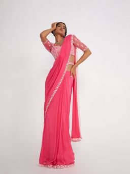 Asaga - Cady Pink Pre Drape Saree with Embroidered Stitched Blouse and Belt (Set of 3)