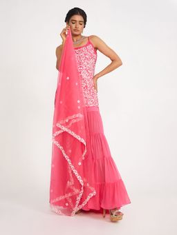 Asaga - Clover Candy Pink Embroidered Kurti with Sharara and Organza Dupatta (Set of 3)