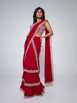Asaga - Keva Maroon Per-Drape Saree with Embroidered Stitched Blouse and Belt (Set of 3)
