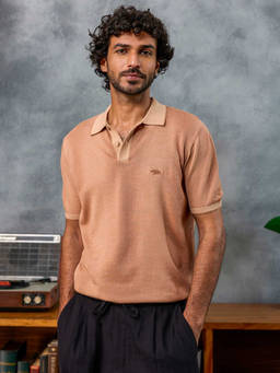 Andamen - Men Khaki Pure Cotton Jacquard Polo T-Shirt