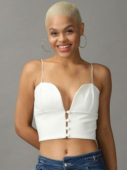 SHOWOFFFF - Womens Shoulder Straps Bralette Solid White Crop Top