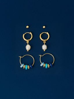 Accessorize London - Multi-Color 14K Real Gold-Plated Stud and Pearl Hoop Earrings (Pack of 3)