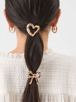 Accessorize London - Gold Metal Heart Bow Pony Scrunchies (Pack of 2)