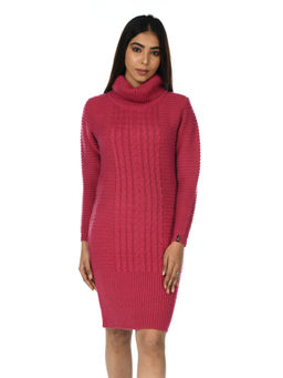 Creative Line - Women Pink Solid High Neck Knitted Wool Blend Stylish Dress