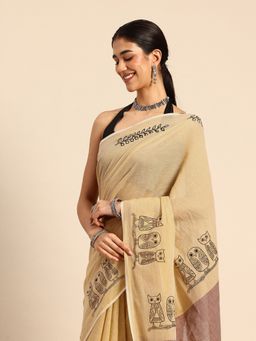 ArtEastri - Handloom Beige and Brown Owl Print Soft Cotton Saree with Unstitched Blouse