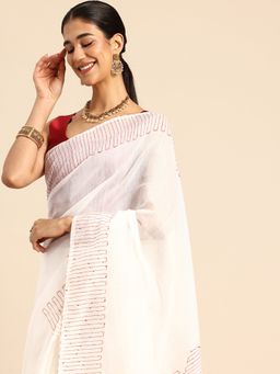 ArtEastri - Handloom White Sequins Silk Cotton Saree with Unstitched Blouse