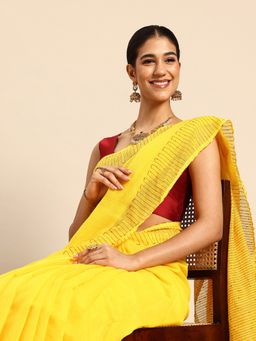 ArtEastri - Handloom Yellow Sequins Silk Cotton Saree with Unstitched Blouse