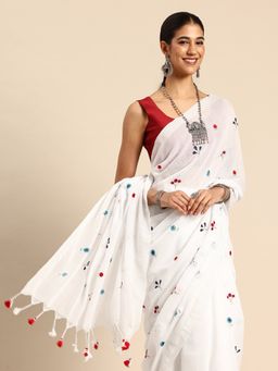 ArtEastri - Handloom White Floral Cotton Saree with Unstitched Blouse