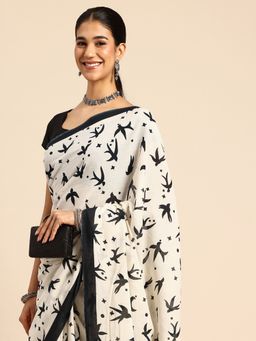 ArtEastri - Cream Bird Print Cotton Saree with Unstitched Blouse