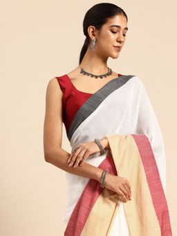 ArtEastri - Handloom White Red Colorblock Cotton Saree with Unstitched Blouse