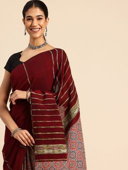 ArtEastri - Handloom Maroon Red Ajrak Print Khesh Saree with Unstitched Blouse