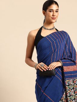 ArtEastri - Handloom Dark Blue Ajrak Print Khesh Saree with Unstitched Blouse
