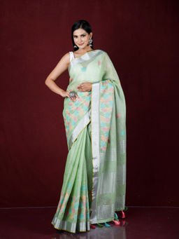 EXCLUSIVA - Green Thread Embroidery Work Linen Saree with Unstitched Blouse