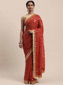 Vastranand - Maroon & White Printed Bandhani Saree with Unstitched Blouse