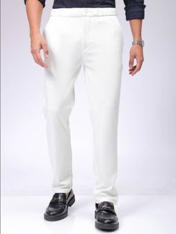 The Indian Garage Co - Men White Slim Fit Solid Mid-Rise Stretchable Knitted Formal Trouser