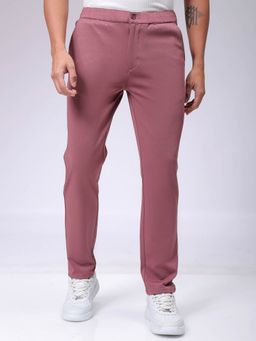 The Indian Garage Co - Men Red Slim Fit Solid Mid-Rise Stretchable Knitted Formal Trouser
